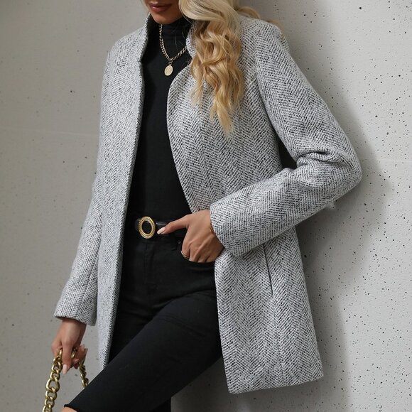 Grey Womens Plaid Pattern Flap Pocket Drop Shoulder Belted Tweed Overcoat - Picture 5 of 5